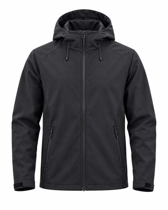 Reference illustration: Black hooded softshell jacket with a full front zip, two zipped side pockets and adjustable cuffs.