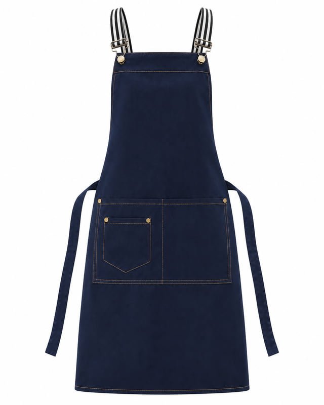 Reference illustration: Front view of a dark blue apron with striped shoulder straps, front pockets and long waist ties.