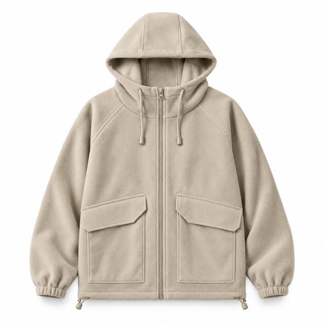 Beige hooded fleece jacket Beige hooded fleece jacket with a full zip and two large flap pockets.