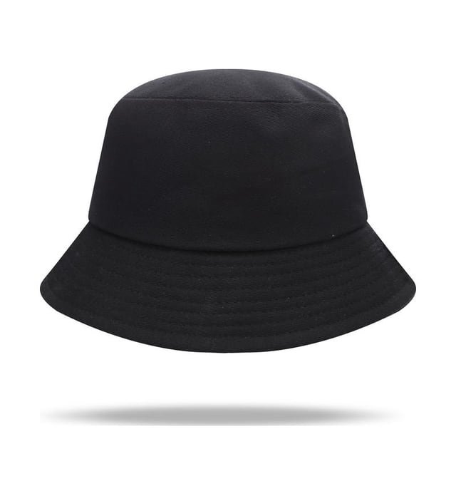 Black bucket hat with a flat crown and a downward-sloping brim with several stitch rows.