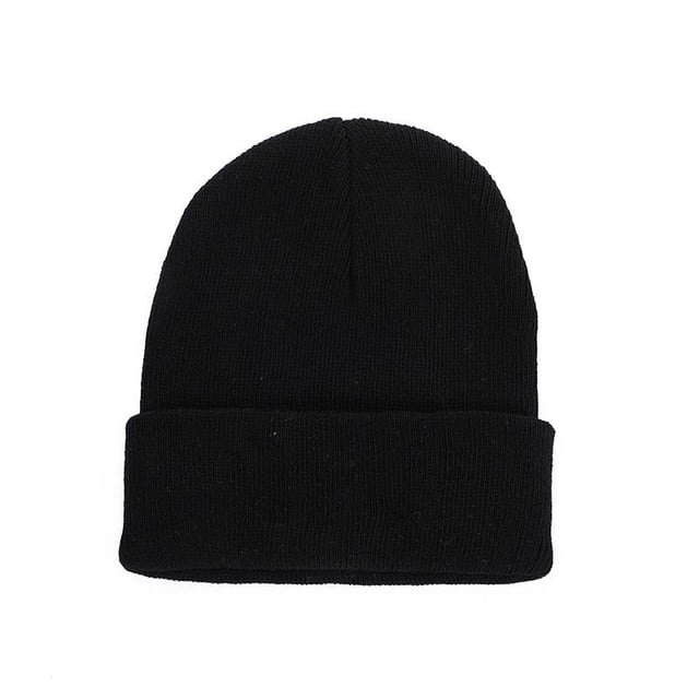 Black knitted beanie with a rounded crown and a wide folded cuff.