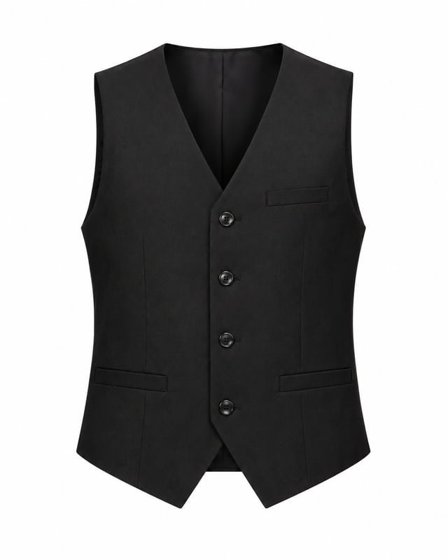 Reference illustration of a black V-neck waistcoat with four front buttons, welt pockets and a pointed hem.