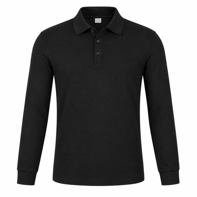 Reference illustration of a black long-sleeve polo shirt with a plain collar, button placket and ribbed cuffs.