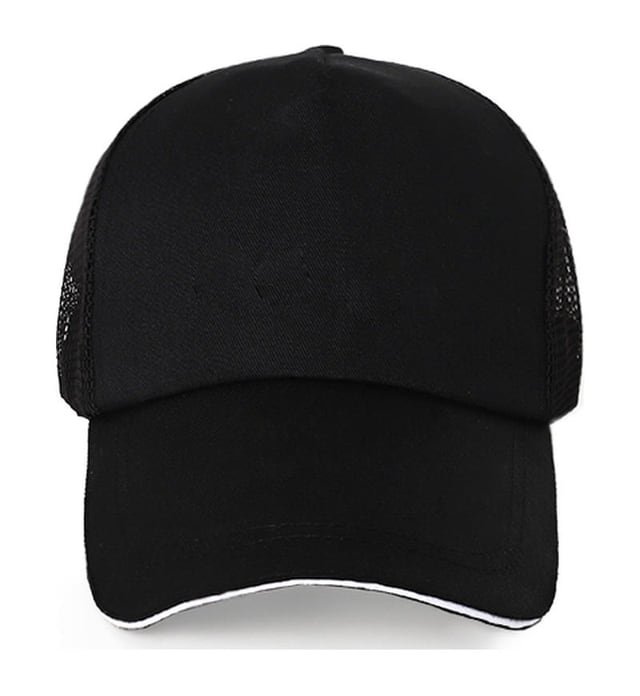 Black mesh-back cap with an uninterrupted front panel, curved brim and white brim-edge trim.