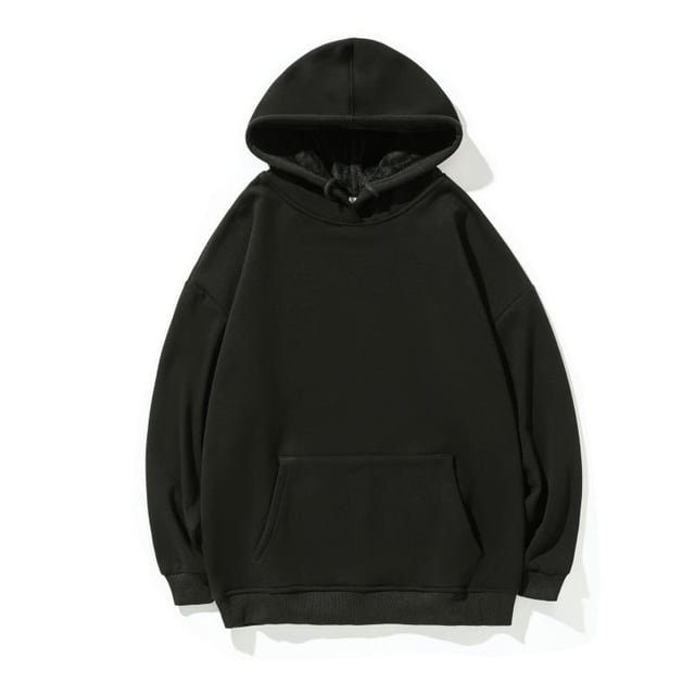 Front view of a black pullover hoodie with dropped shoulders, ribbed cuffs and a front pouch pocket.