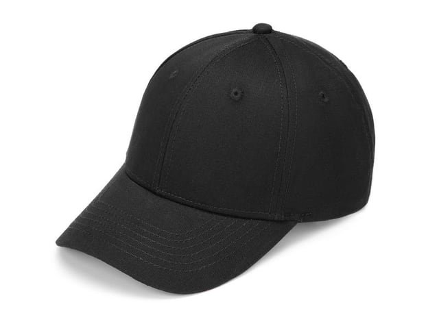 Black six-panel baseball cap with a supported crown and a curved brim.