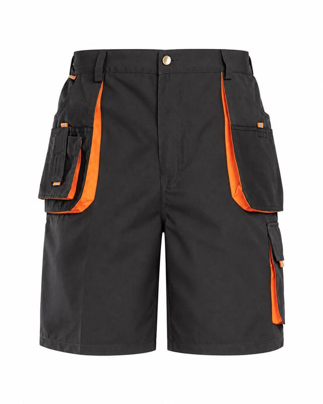 Reference illustration of black work shorts with orange-edged front pockets, thigh pockets and belt loops.