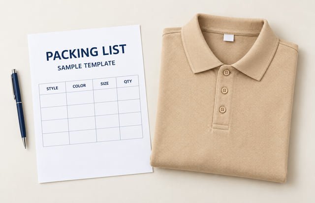Blank garment packing list example Reference illustration of a blank packing list marked SAMPLE TEMPLATE with style, color, size and quantity columns beside a folded khaki polo.