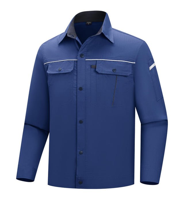 Blue long-sleeve utility shirt Blue long-sleeve work shirt with a button front, two flap chest pockets and a sleeve pocket.