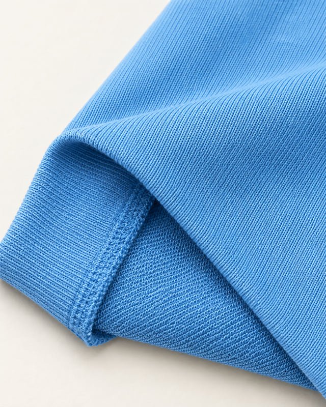 Blue sweatshirt fabric with loopback reverse Reference illustration: Blue sweatshirt fabric folded to show a smooth knit face and a looped reverse.