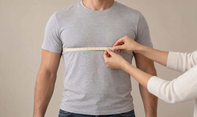 Body chest measurement over a light base layer Reference illustration of a measuring tape held horizontally around a person’s chest over a grey T-shirt.