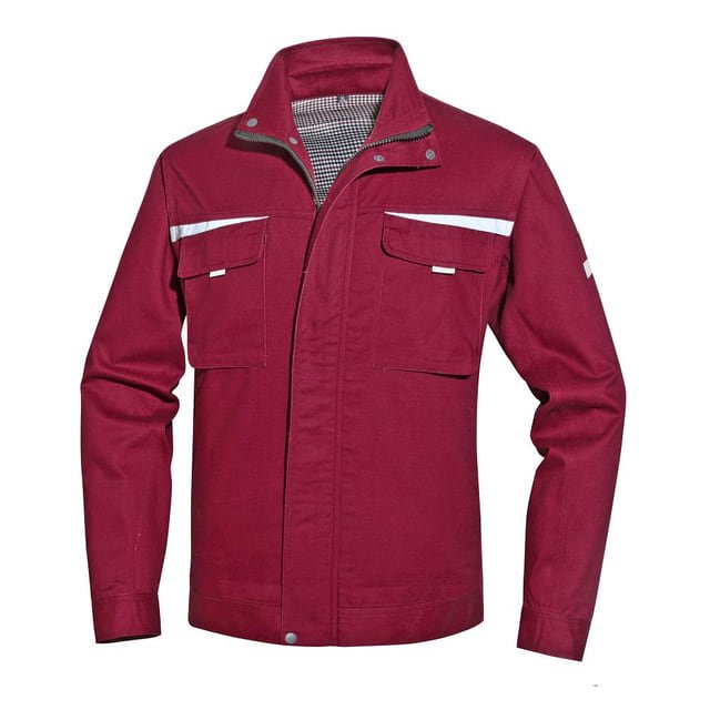 Front view of a burgundy work jacket with a raised collar, covered front, flap chest pockets and light chest trim.