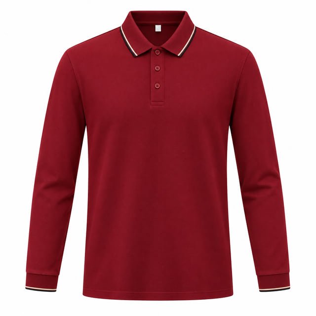 Reference illustration of a burgundy long-sleeve polo shirt with narrow light stripes on the collar and cuffs.
