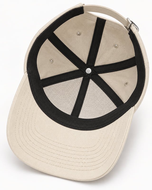 Cap inside band and covered seams Reference illustration: Inside view of a beige cap showing a black band, covered panel seams, crown support and curved brim.