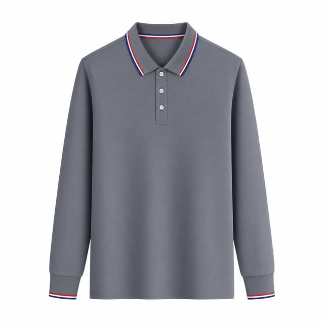 Reference illustration of a charcoal long-sleeve polo shirt with red, white and blue stripes on the collar and cuffs.