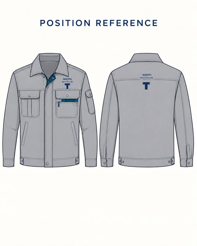 Design diagram showing a grey work jacket front and back with T logos and unnumbered width markers above each logo area.