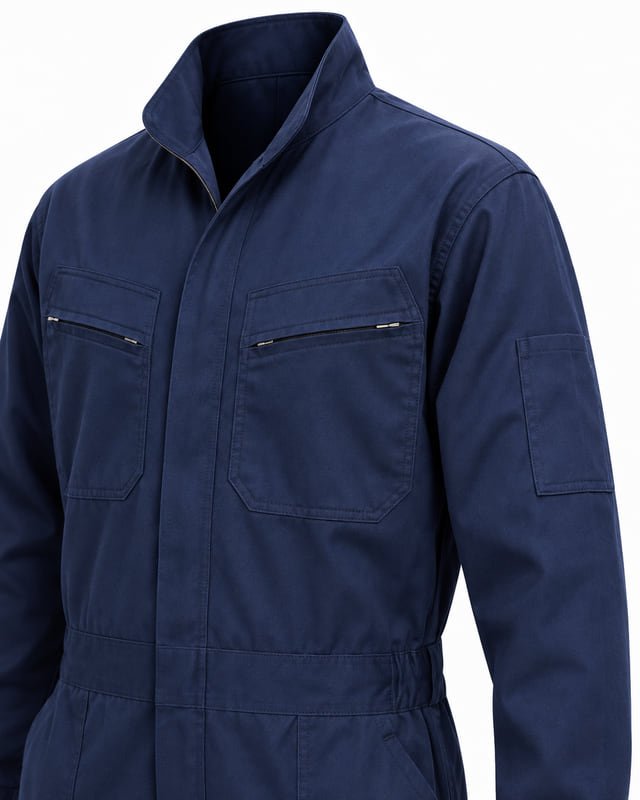 Coverall chest and sleeve pocket reference Reference illustration of zipped chest pockets and a plain upper-sleeve patch pocket on a navy coverall.