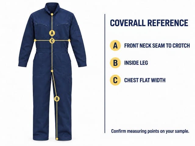 Coverall front measurement points Reference diagram of navy coveralls marking front neck seam to crotch, inside leg and flat chest width; no size values are specified.