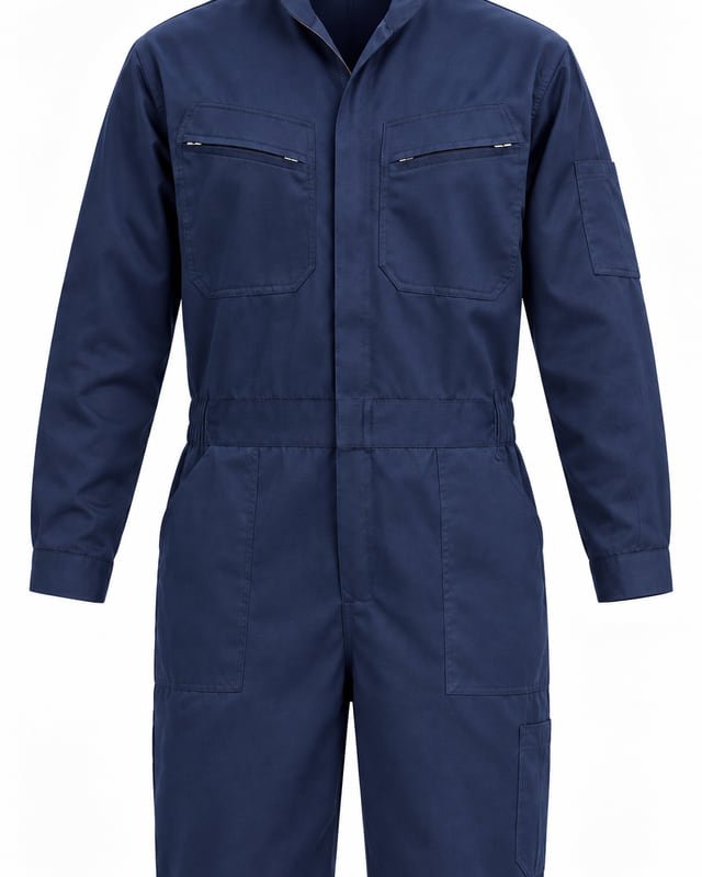 Coverall front opening and waist reference Reference illustration of a navy coverall with a covered front opening extending below the waist seam.