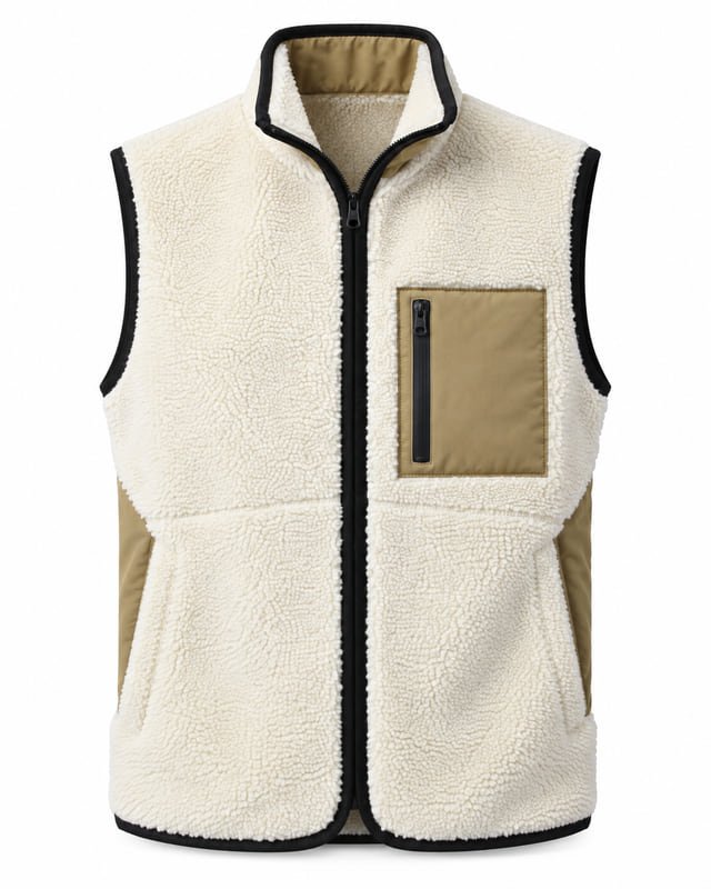 Reference illustration of a cream textured fleece vest with a stand collar, black bound edges and a tan zipped chest pocket.