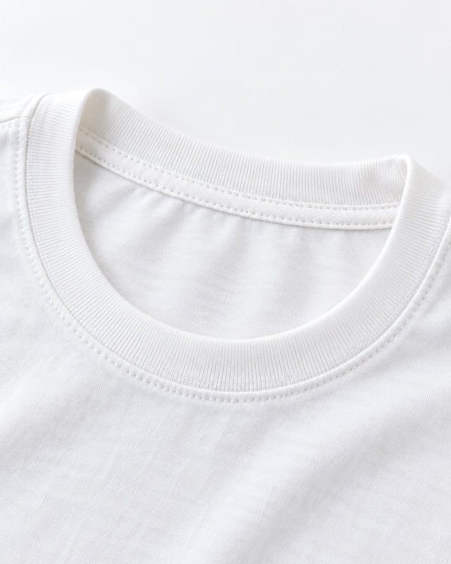 Crew-neck T-shirt rib and inside tape Reference illustration: Close-up of a white T-shirt neckline with a ribbed neckband and stitched inside back-neck tape.