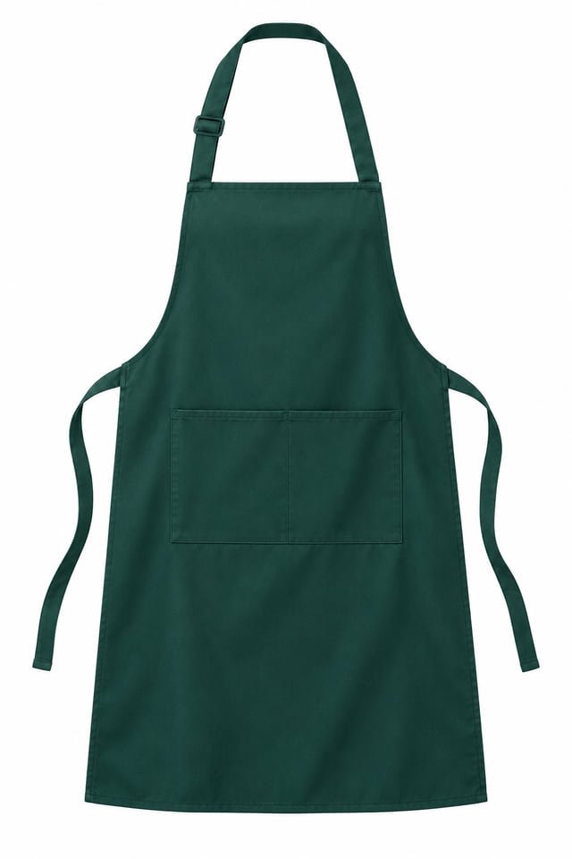 Dark green bib apron Dark green bib apron with an adjustable neck strap, waist ties and a divided front pocket.