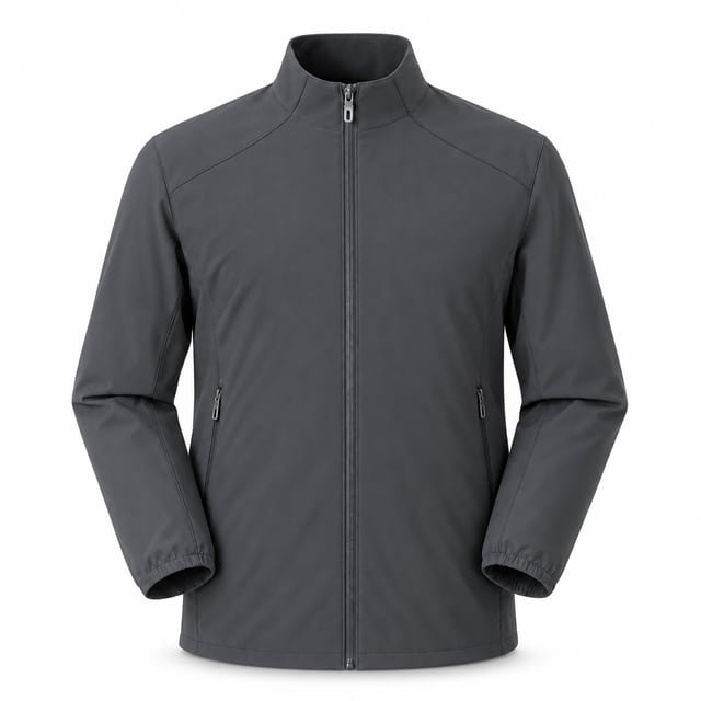 Dark grey softshell jacket Dark grey full-zip jacket with a stand collar and zipped side pockets.