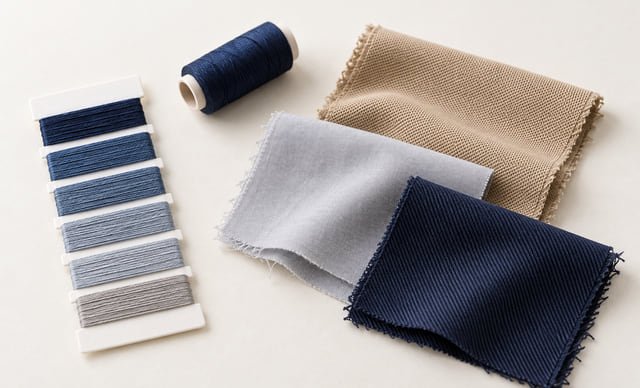 Fabric and thread color references Reference illustration of navy, grey and beige fabric swatches beside thread color samples and a navy thread spool.