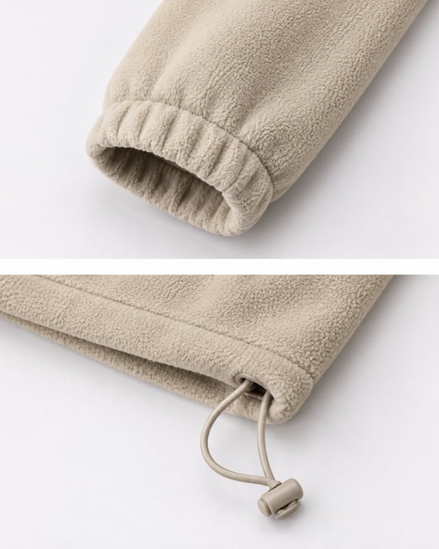 Fleece cuff and hem references Two reference close-ups showing a gathered beige fleece cuff and a hem drawcord with a small cord stopper.