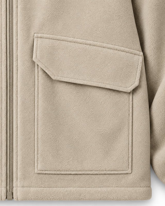 Fleece flap pocket reference Reference illustration of a beige fleece patch pocket with a wide flap beside a front zipper.