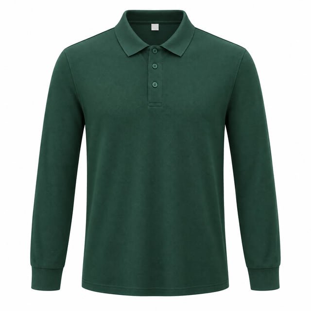 Reference illustration of a forest green long-sleeve polo shirt with a plain collar and matching cuffs.