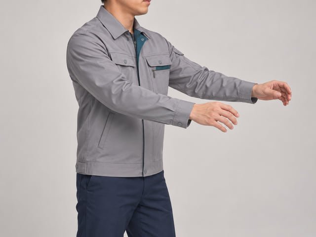 Forward reach in a work jacket concept Reference illustration of a person wearing a grey work jacket with both arms reaching forward to show a movement to try during a fit review.