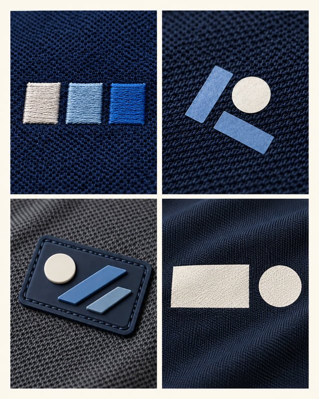 Four garment logo finishes Reference illustration comparing stitched rectangles, transferred shapes, a raised badge and printed shapes on fabric.