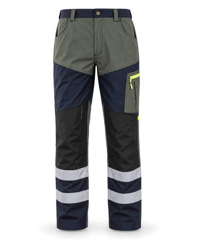 Green and navy work pants with black knee panels, a lime-trimmed thigh zip pocket and silver-grey lower-leg bands.