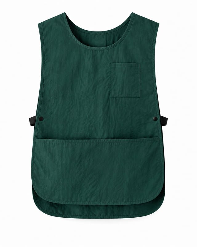 Reference illustration of a dark green pull-on tabard with a round neck, chest pocket, large front pocket and snap-fastened side straps.