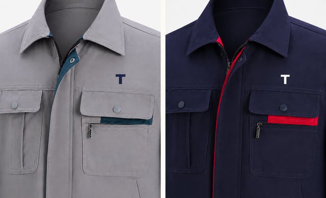 Grey and navy work jacket logo color concepts Reference illustration comparing a grey jacket with a navy T logo and a navy jacket with a white T logo and red pocket trim.