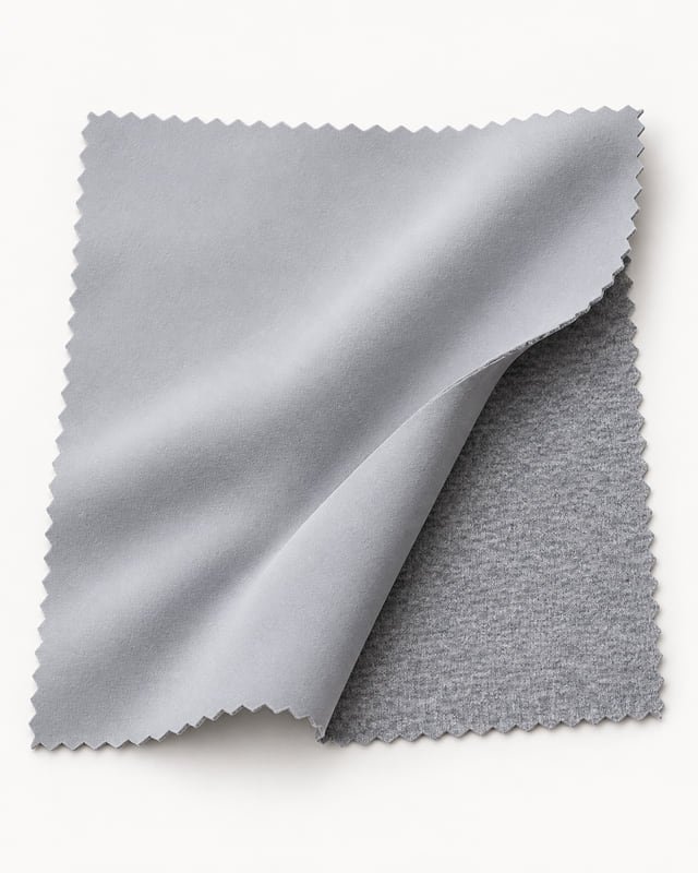 Reference illustration of a grey fabric swatch with a smooth face and textured reverse exposed at a folded corner.