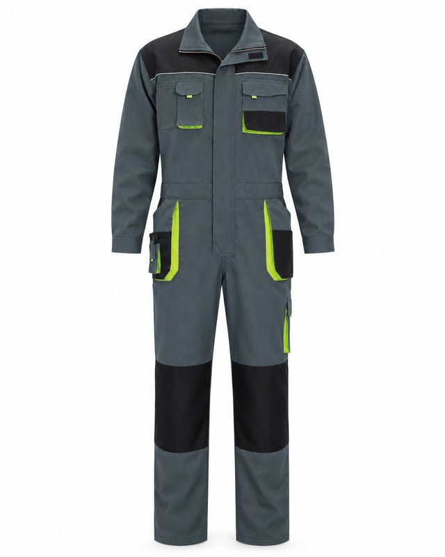 Grey-green coverall with black shoulder and knee panels and lime-green pocket edging.