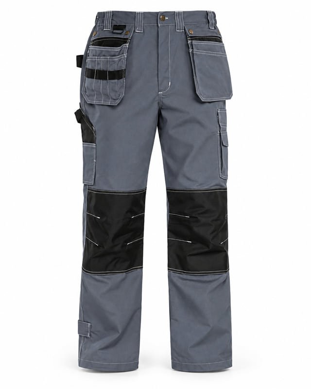Grey work pants with hanging tool pockets, white stitching and black knee panels.