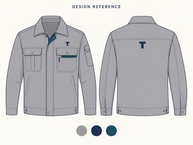 Grey jacket front and back design drawing Reference illustration of a grey work jacket drawn from the front and back, with T logo positions and three color circles.