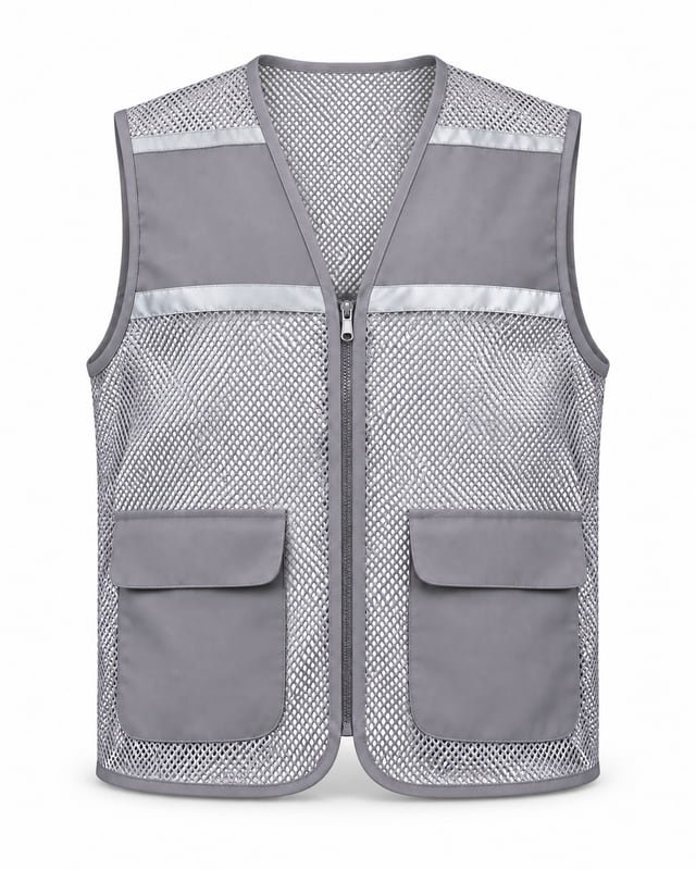 Grey mesh vest with a V-neck, front zip, solid chest panels and two lower flap pockets.