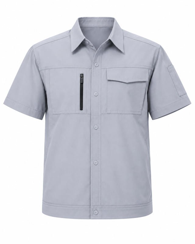 Reference illustration of a grey short-sleeve work shirt with a vertical zip chest pocket, flap pocket and sleeve pocket.