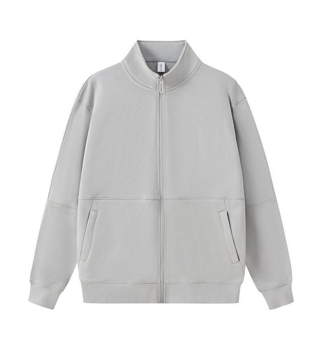 Front view of a light grey sweatshirt with a stand collar, full front zip and two front pockets.