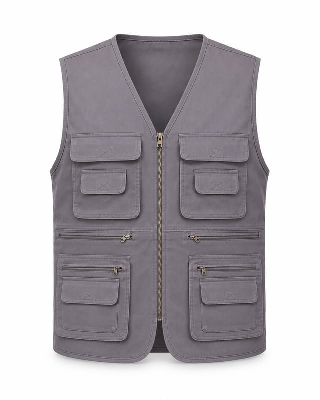 Grey V-neck utility vest with a front zip and layered flap and zip pockets.