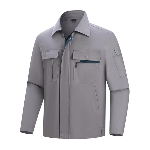 Grey work jacket, front three-quarter view Grey long-sleeve work jacket with a turn-down collar, flap chest pockets and a zipped chest pocket.