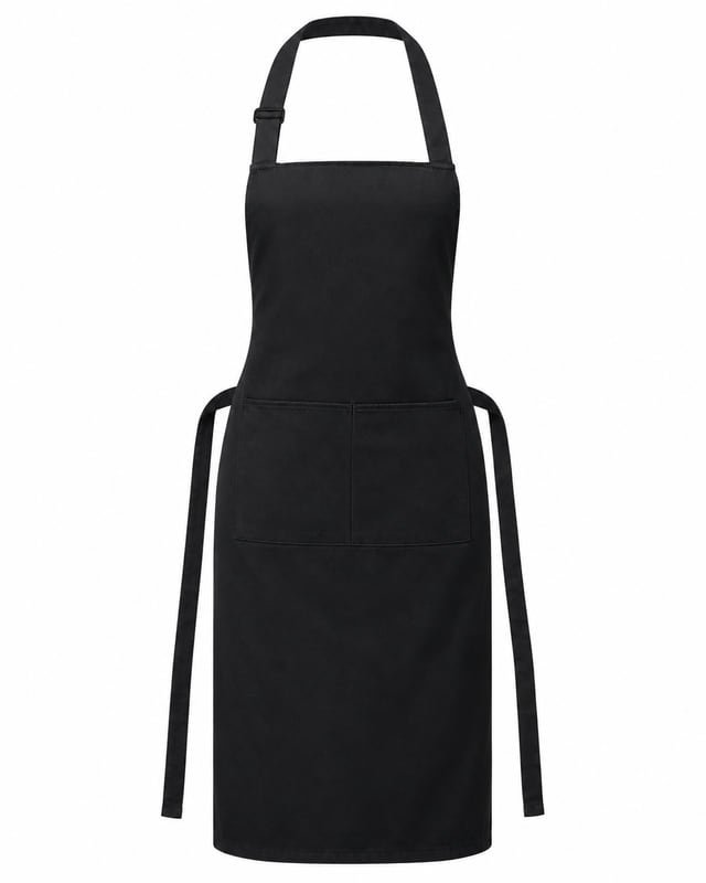 Reference illustration: Front view of a black bib apron with an adjustable neck loop, divided front pocket and long waist ties.