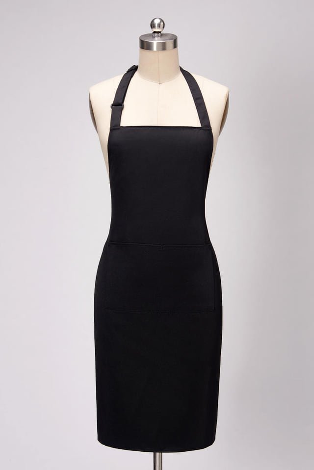 HBTG388F adjustable-neck apron — front view Front view of a black bib apron on a dress form, showing an adjustable neck strap and long body.