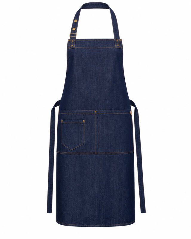 Reference illustration: Front view of a dark denim bib apron with an adjustable neck strap, contrast stitching, front pockets and waist ties.