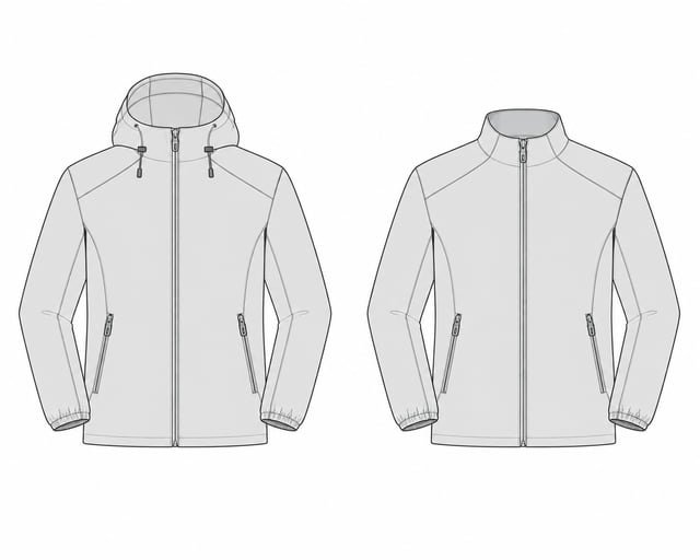 Hooded and stand-collar jacket outlines Front-view line drawings comparing a hooded jacket and a stand-collar jacket with zipped pockets.