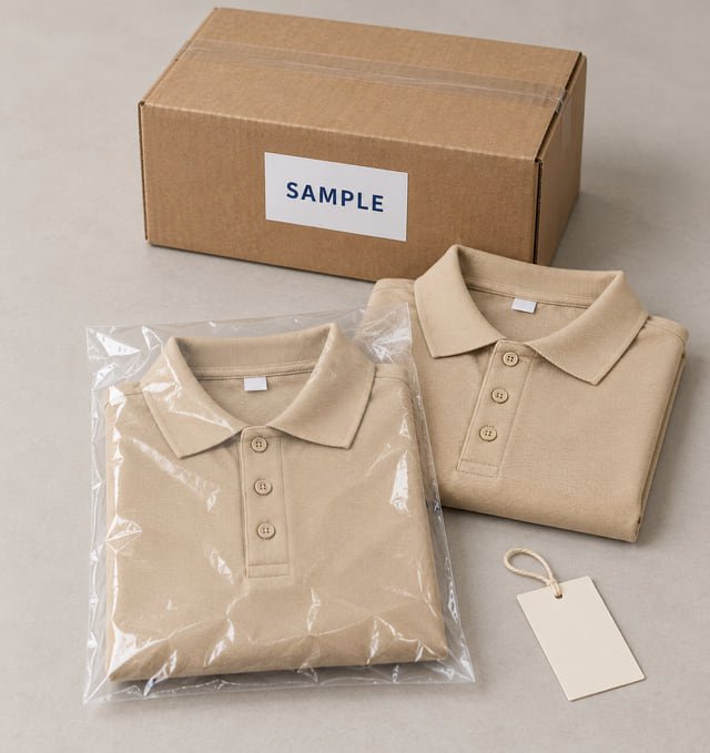 Individual garment bag and carton reference Reference illustration of a bagged khaki polo, a folded polo, a blank tag and a closed carton marked Sample.